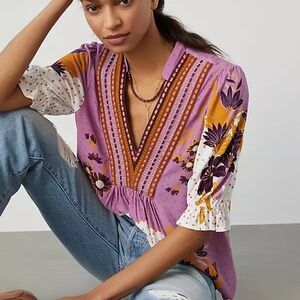 Anthropologie Blnk Stephanie Purple Gold Floral Long Sleeve Top NWT!, Size M